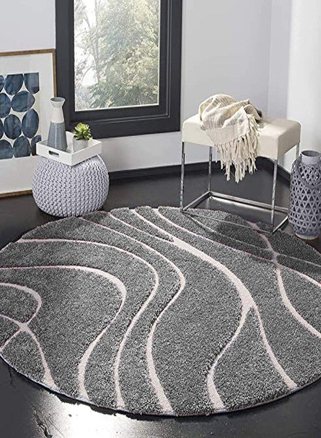 RUGEDGE Gray Geometric Round Shaggy Rug - Fluffy Carpet for Living Room,Bathroom Door mats Anti Slip Circle Area Carpet, Hallway, Kitchen, Circle Area Carpet (4 Ft Round) - Image 1